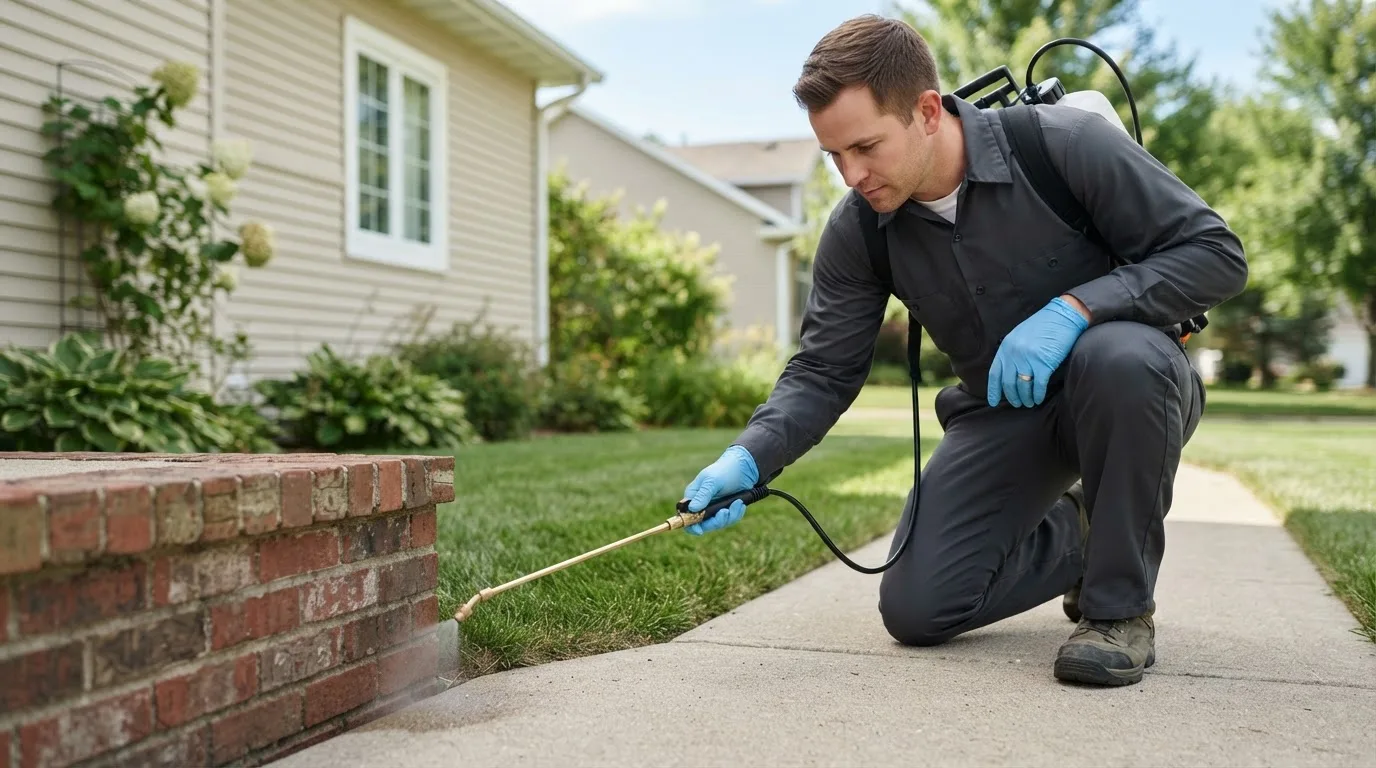Pest control technician treating a home near Orrick, MO